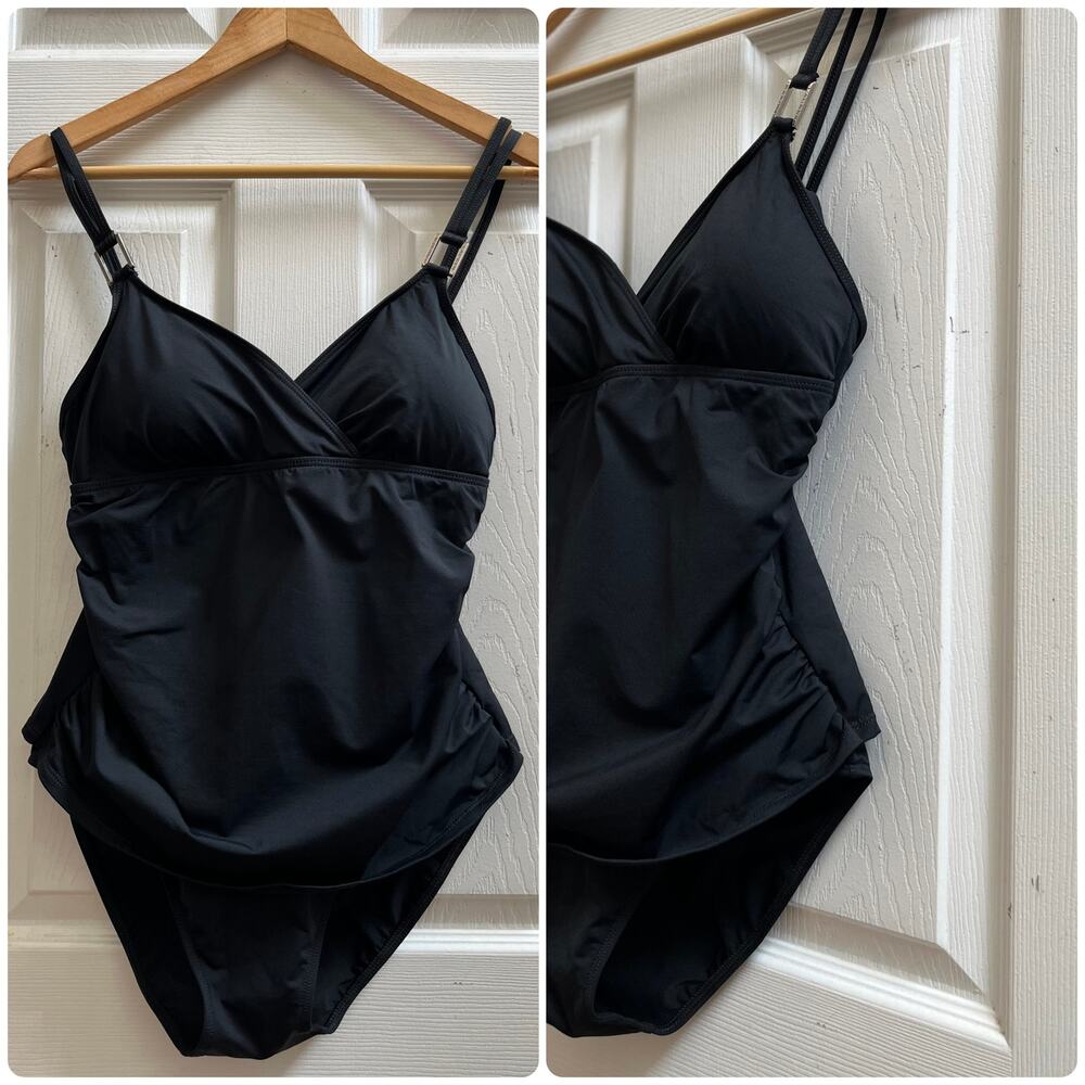 Lauren Ralph Lauren Black Ruched Sides Tummy Overlay One Piece Swimsuit Large